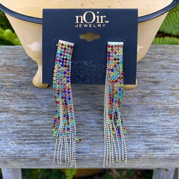 Noir Jewelry Gold and Multi-Colored Rhinestone Fringe Dangle Earrings. NWOT! - Picture 1 of 4